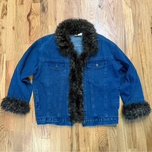 Painted Pony Vintage Blue Denim Jacket Faux Fur Collar Cuffs USA Made M